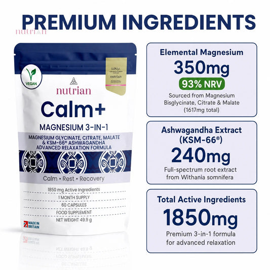 Calm+ premium ingredients: 350mg elemental magnesium 93% NRV, 240mg KSM-66 ashwagandha, 1850mg total actives