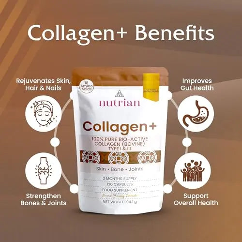 Nutrian Collagen+ | 1200mg Bio-Active Bovine Collagen Peptides | 120 Capsules Nutrian