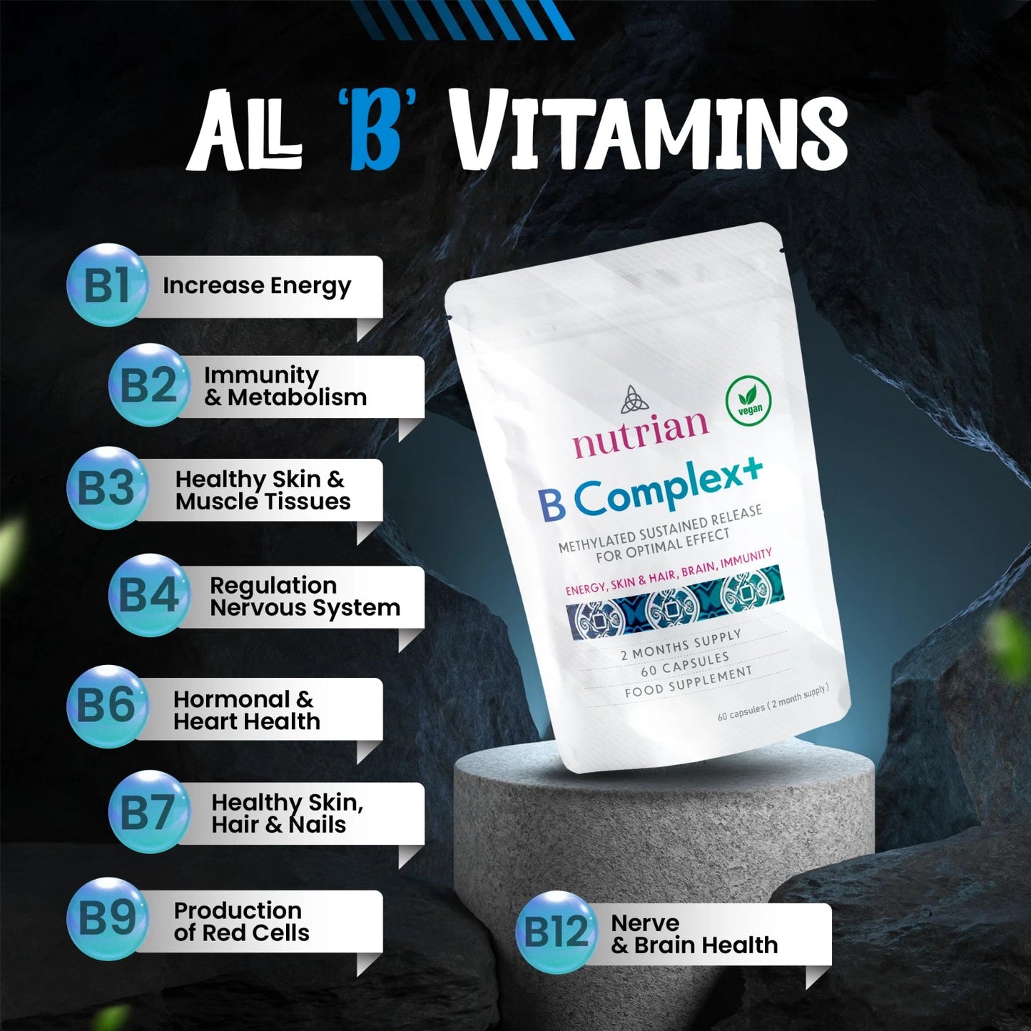 Nutrian B Complex+ – High Strength Energy, Nerve & Skin Support - 60 Veg Capsules Nutrian