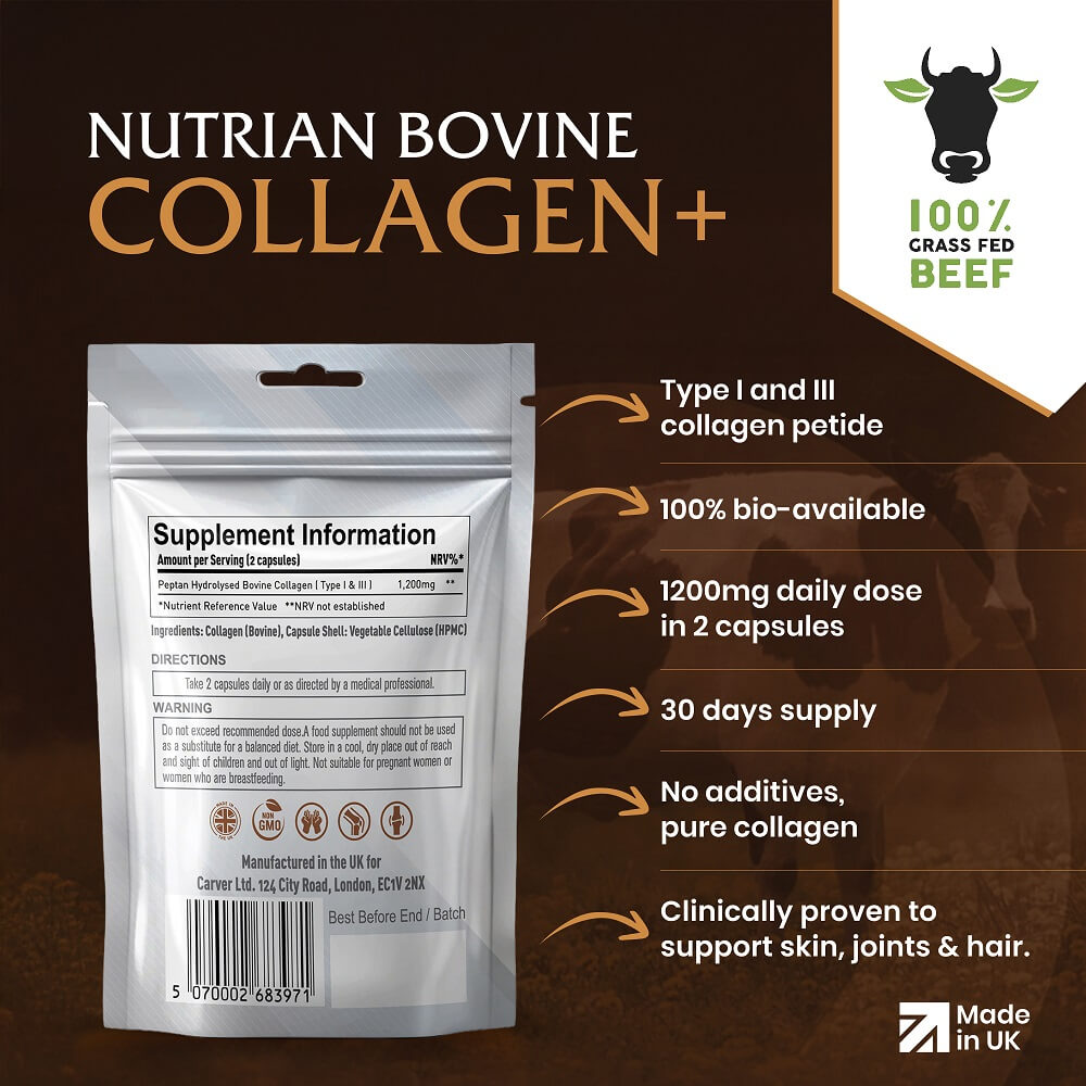 Nutrian Collagen+ – 100% Pure Bio-Active Bovine Collagen 60 Capsules