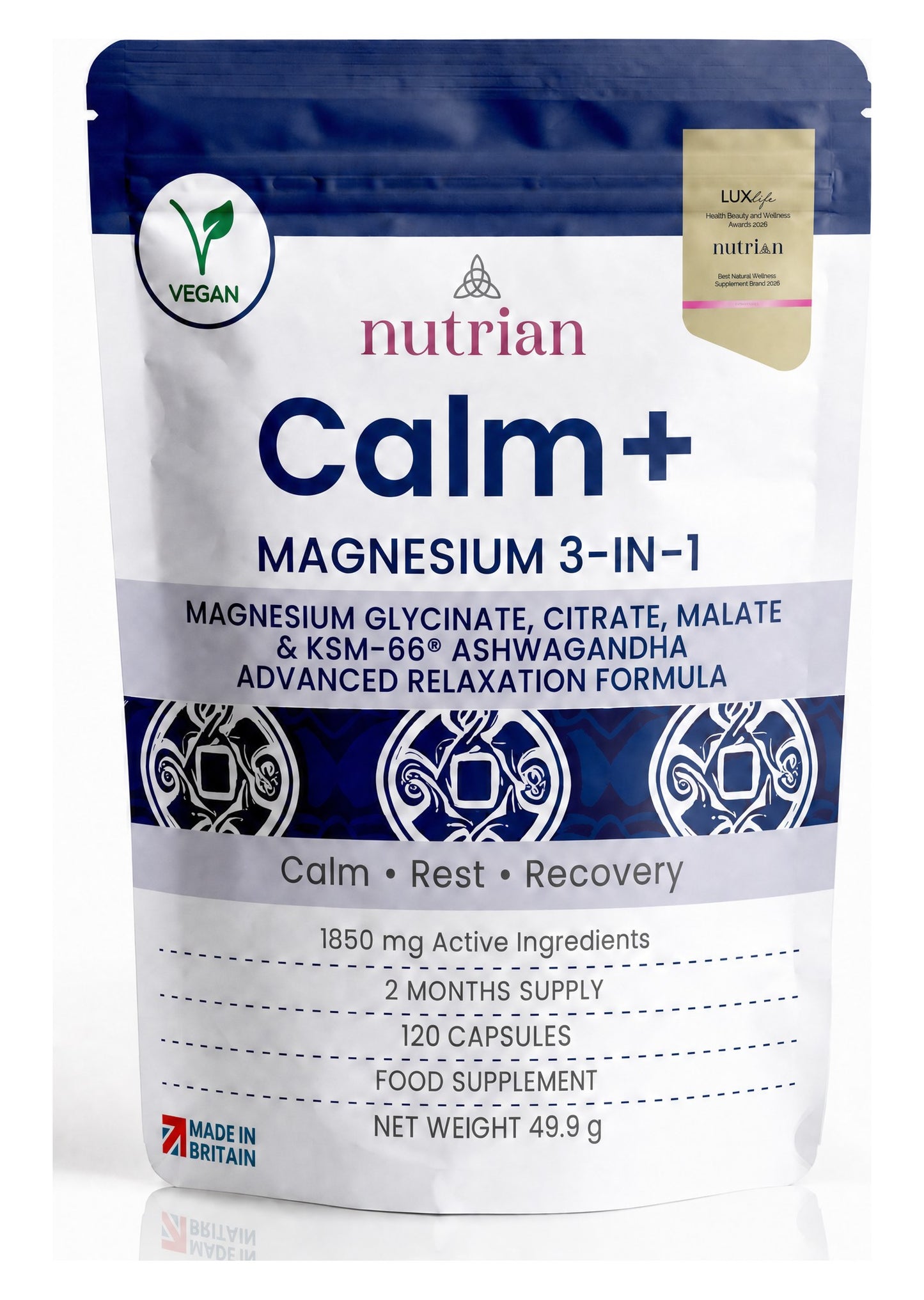 Nutrian Calm+ magnesium 3-in-1 with KSM-66 ashwagandha pouch, 120 capsules, 2 month supply