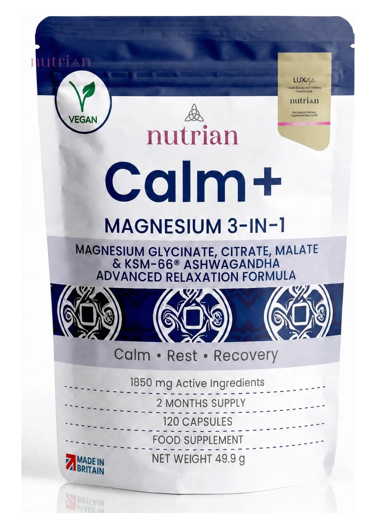 Nutrian Calm+ magnesium 3-in-1 with KSM-66 ashwagandha pouch, 120 capsules, 2 month supply