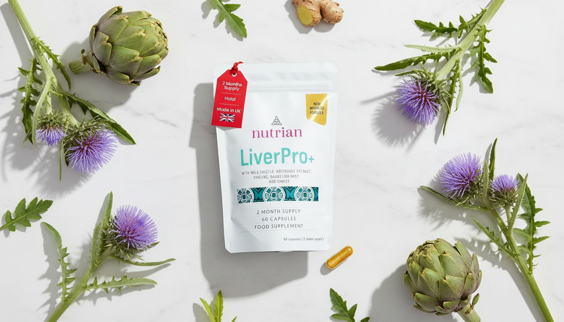 Nutrian Liver Pro+ supplement lifestyle flat lay