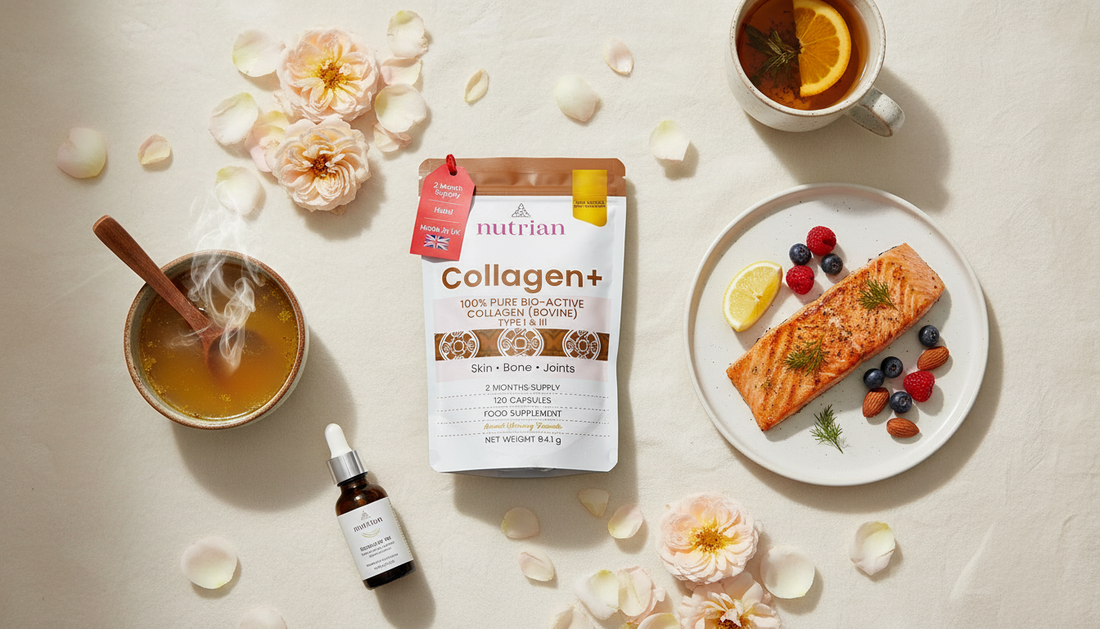 Nutrian Collagen+ supplement lifestyle flat lay