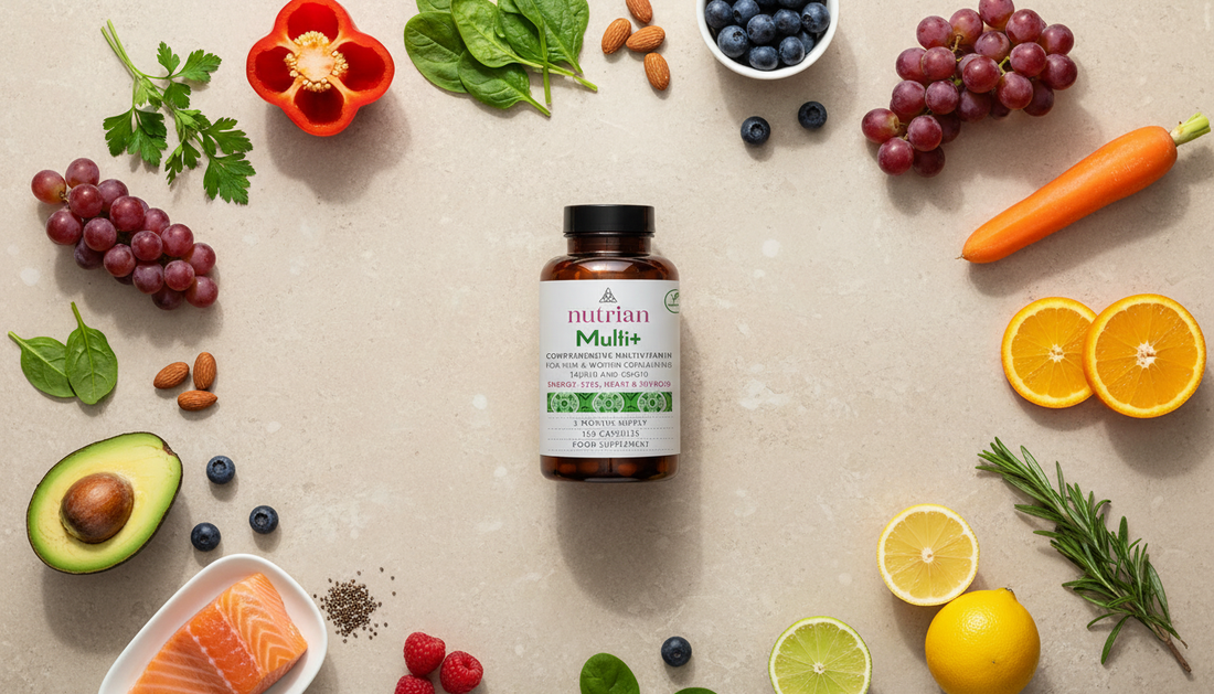 Nutrian Multi+ Multivitamin supplement lifestyle flat lay