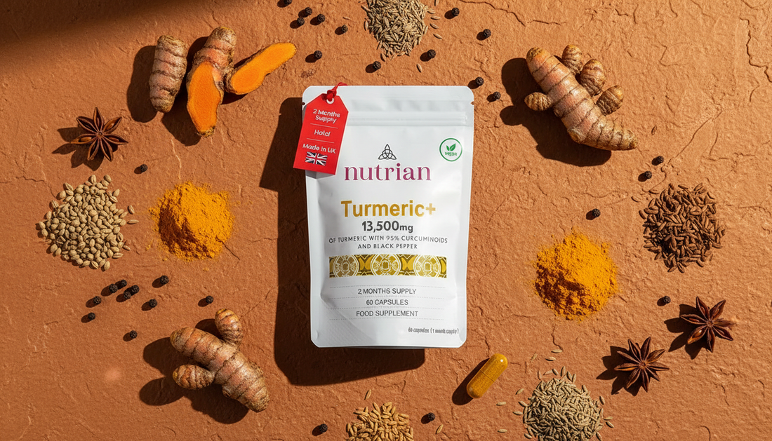 Nutrian Turmeric+ supplement lifestyle flat lay