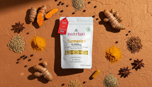 Nutrian Turmeric+ supplement lifestyle flat lay