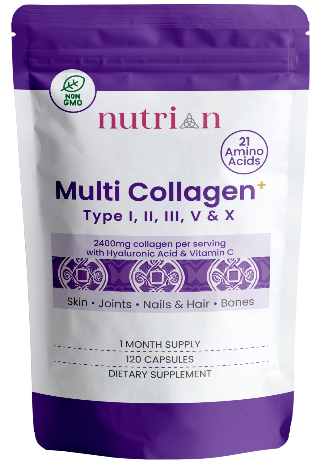 Nutrian MultiCollagen+ 2400mg | 120 Capsules Type I,II,III,V, X & Hyaluronic Acid and Vitamin C Nutrian