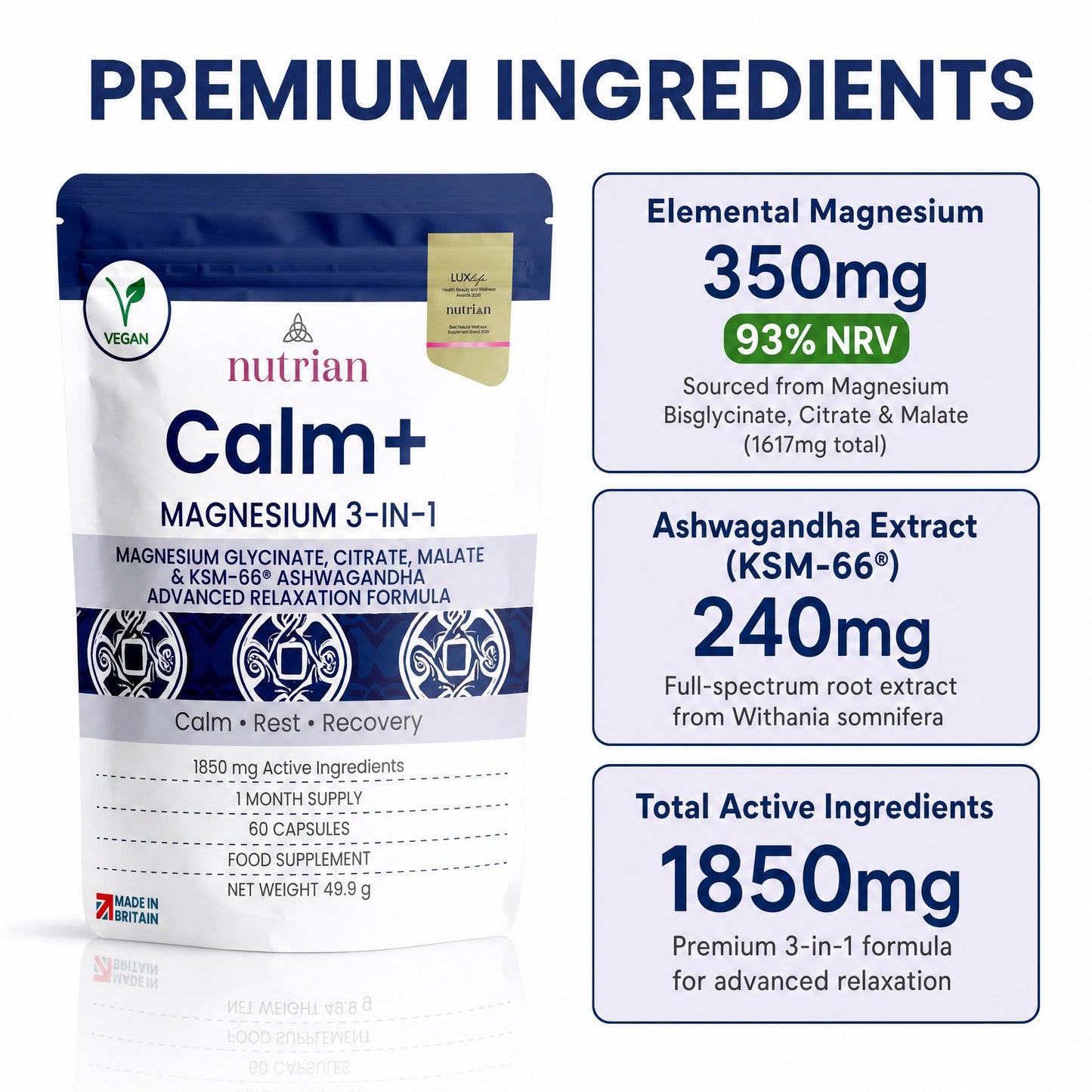 Calm+ premium ingredients: 350mg elemental magnesium 93% NRV, 240mg KSM-66 ashwagandha, 1850mg total actives