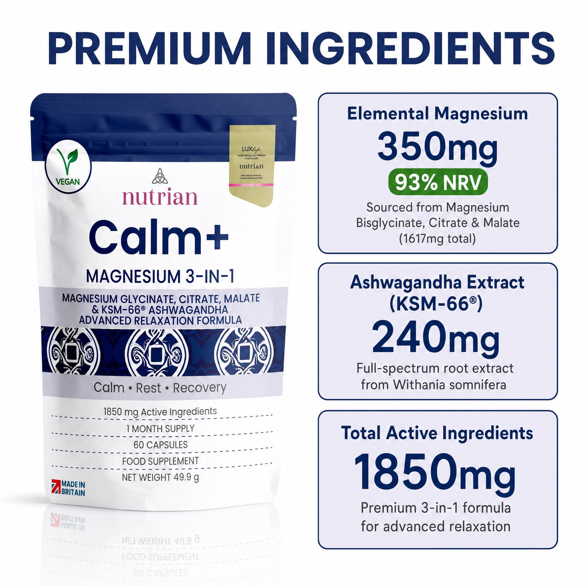 Calm+ premium ingredients: 350mg elemental magnesium 93% NRV, 240mg KSM-66 ashwagandha, 1850mg total actives