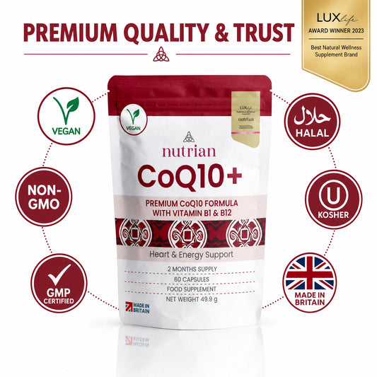Nutrian CoQ10+ is vegan, halal and kosher certified, non-GMO and GMP certified, made in Britain