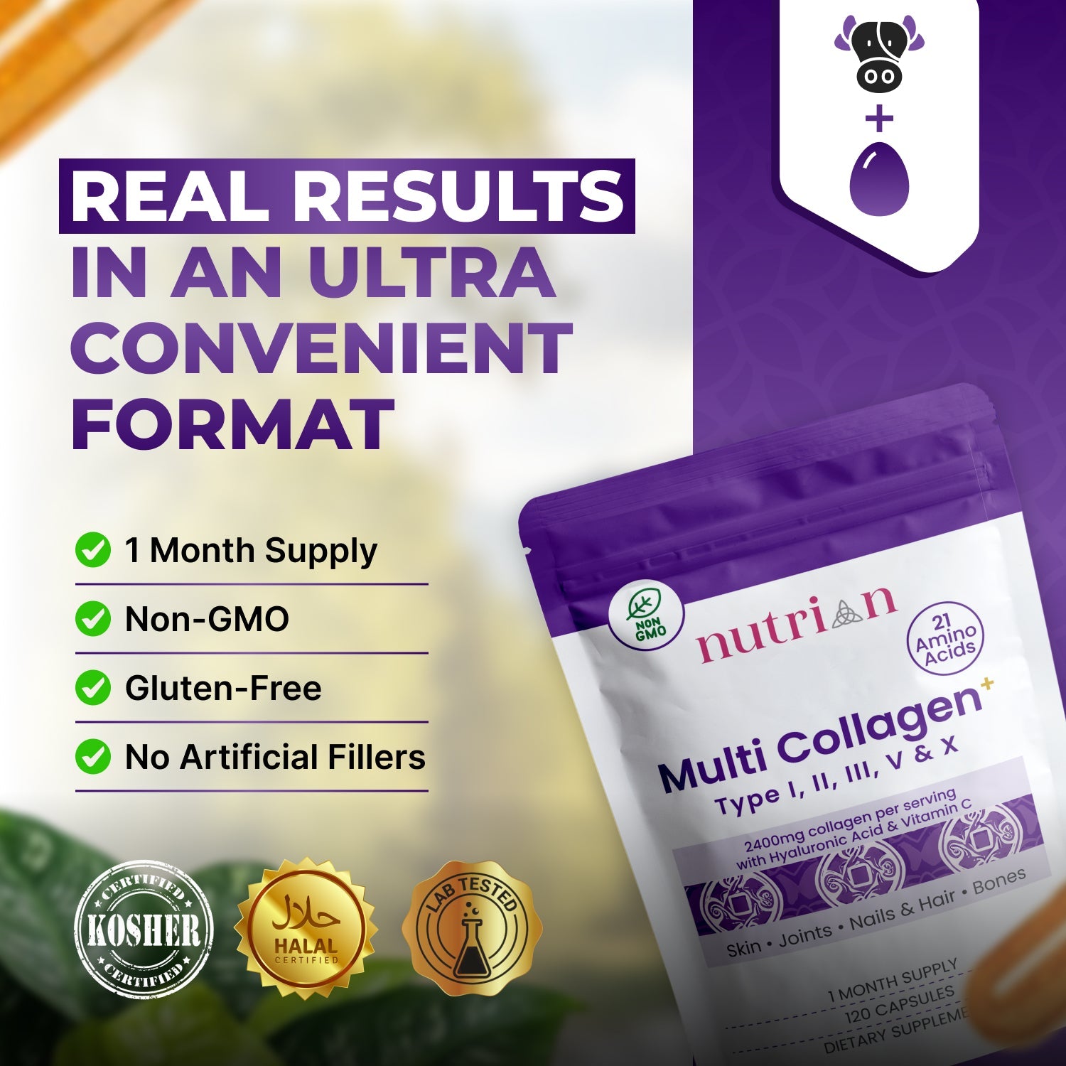 Nutrian MultiCollagen+ 2400mg | 120 Capsules Type I,II,III,V, X & Hyaluronic Acid and Vitamin C Nutrian