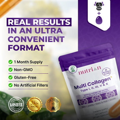 Nutrian MultiCollagen+ 2400mg | 120 Capsules Type I,II,III,V, X & Hyaluronic Acid and Vitamin C Nutrian