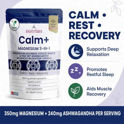 Nutrian Calm+ calm rest recovery, 350mg magnesium and 240mg ashwagandha per serving