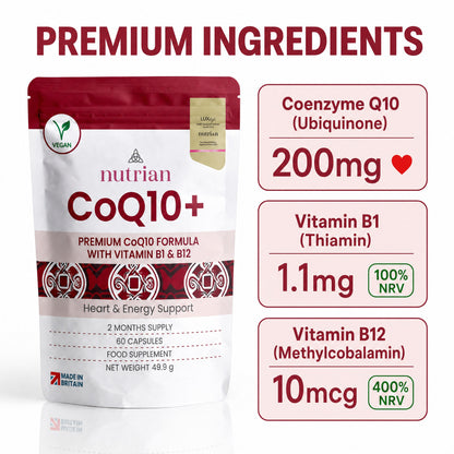 CoQ10+ ingredients: 200mg Coenzyme Q10 ubiquinone, Vitamin B1 1.1mg 100% NRV, Vitamin B12 10mcg 400% NRV