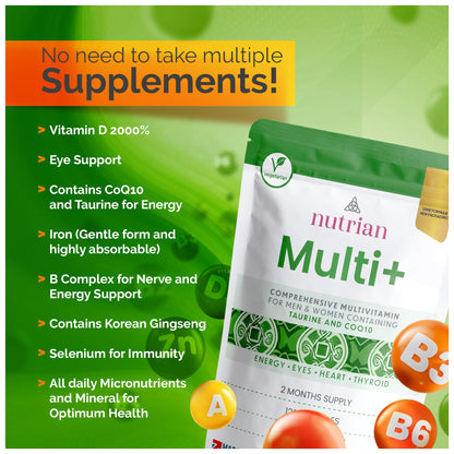 Multi+ contains vitamin D, eye support, CoQ10 and taurine, gentle iron, B complex, Korean ginseng and selenium