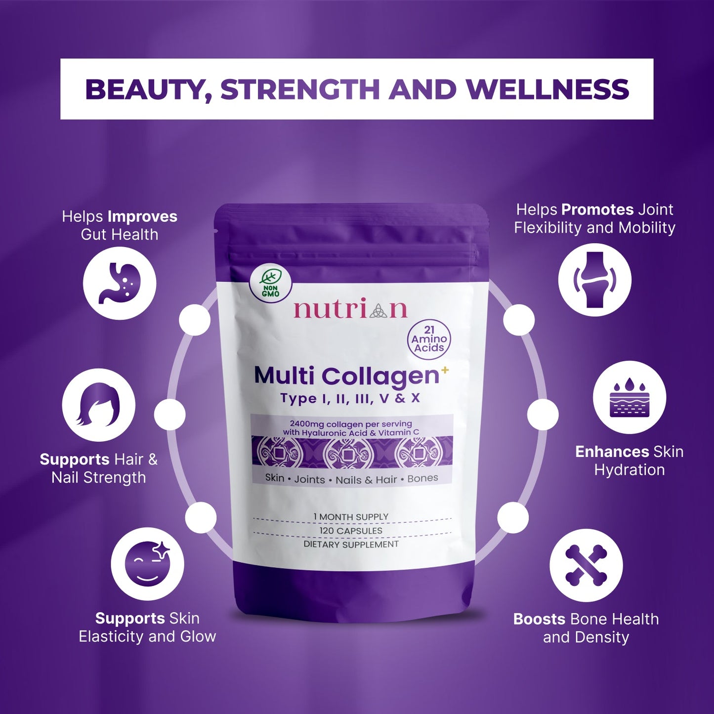 Nutrian MultiCollagen+ 2400mg | 120 Capsules Type I,II,III,V, X & Hyaluronic Acid and Vitamin C Nutrian
