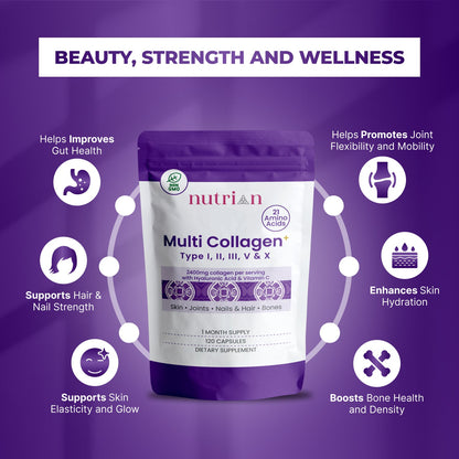 Nutrian MultiCollagen+ 2400mg | 120 Capsules Type I,II,III,V, X & Hyaluronic Acid and Vitamin C Nutrian