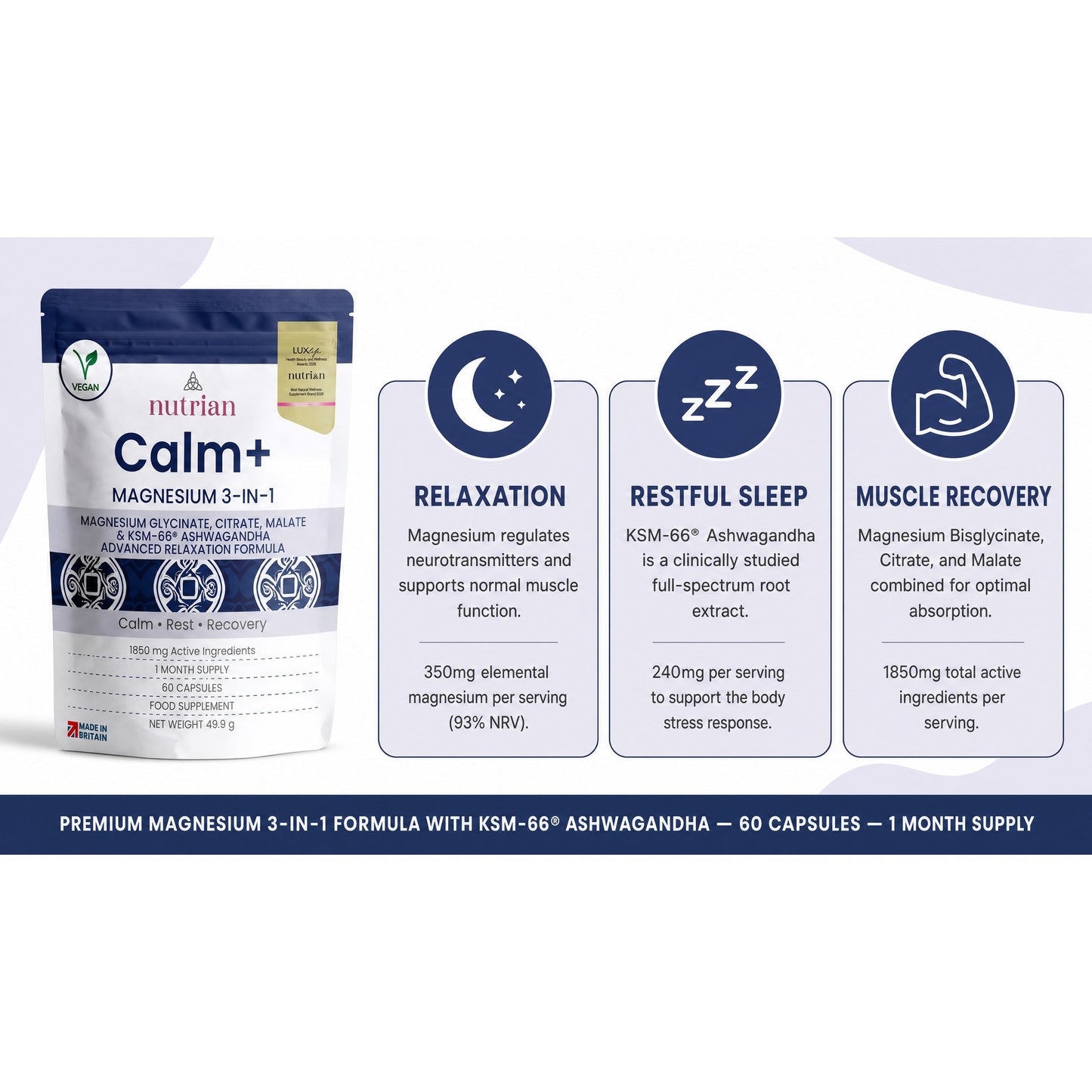Calm+ magnesium bisglycinate citrate malate with KSM-66 ashwagandha, 60 capsules 1 month supply
