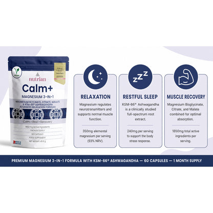 Calm+ magnesium bisglycinate citrate malate with KSM-66 ashwagandha, 60 capsules 1 month supply
