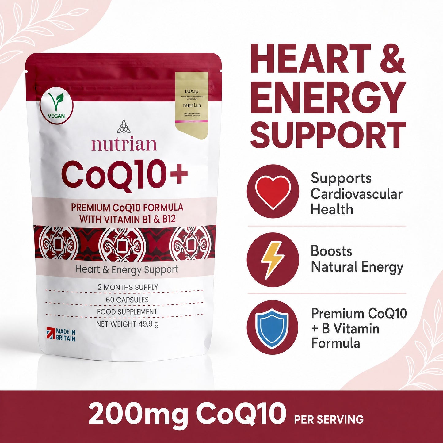 Nutrian CoQ10+ heart and energy support with 200mg CoQ10 per serving