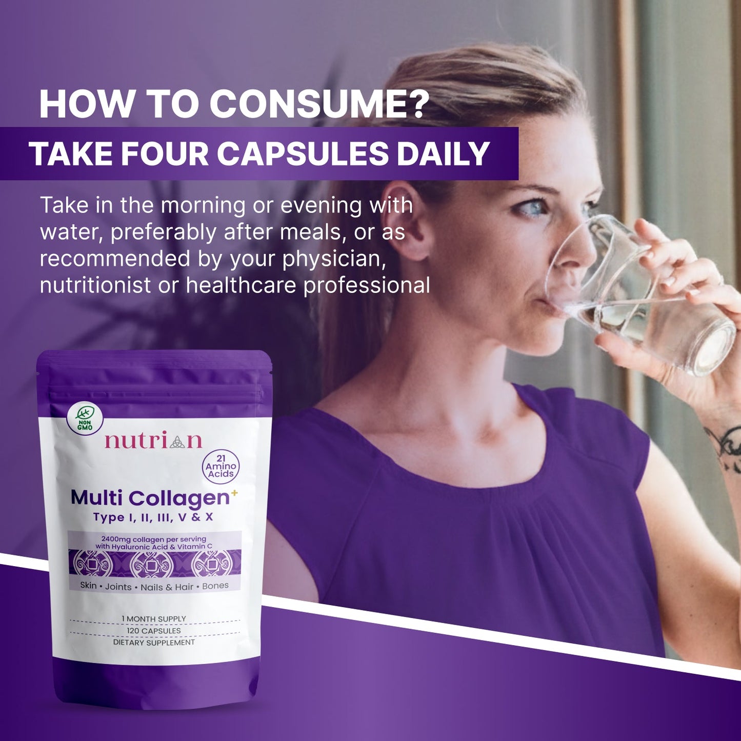 Nutrian MultiCollagen+ 2400mg | 120 Capsules Type I,II,III,V, X & Hyaluronic Acid and Vitamin C Nutrian