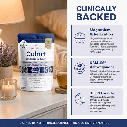 Nutrian Calm+ magnesium and KSM-66 ashwagandha 3-in-1 formula, UK and EU GMP standards