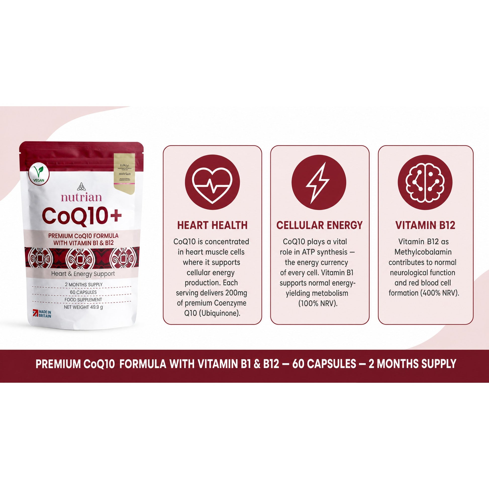 CoQ10+ benefits: heart health, cellular energy and Vitamin B12 for neurological function