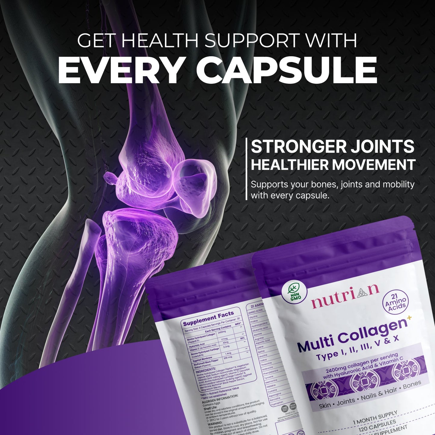 Nutrian MultiCollagen+ 2400mg | 120 Capsules Type I,II,III,V, X & Hyaluronic Acid and Vitamin C Nutrian