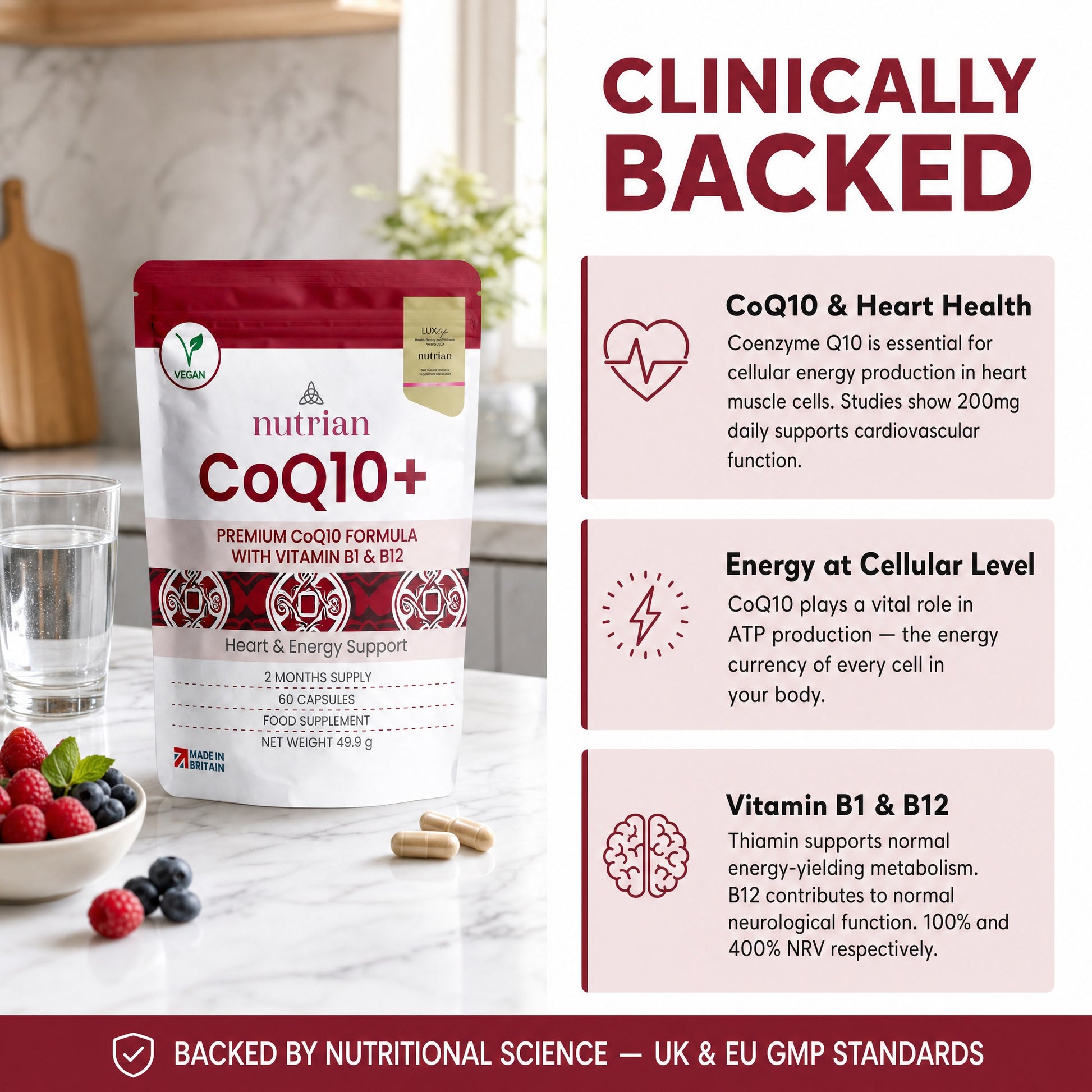 Nutrian CoQ10+ backed by nutritional science and UK and EU GMP standards