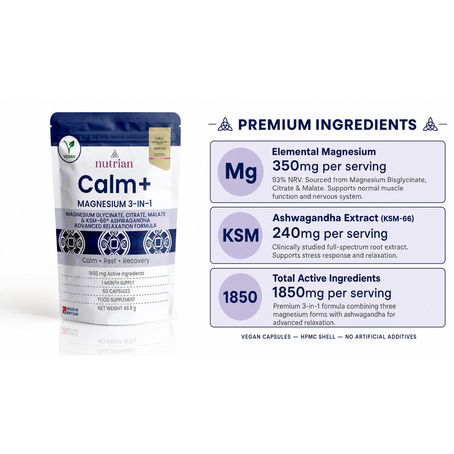 Calm+ formula breakdown: magnesium 350mg, KSM-66 ashwagandha 240mg, 1850mg total active ingredients