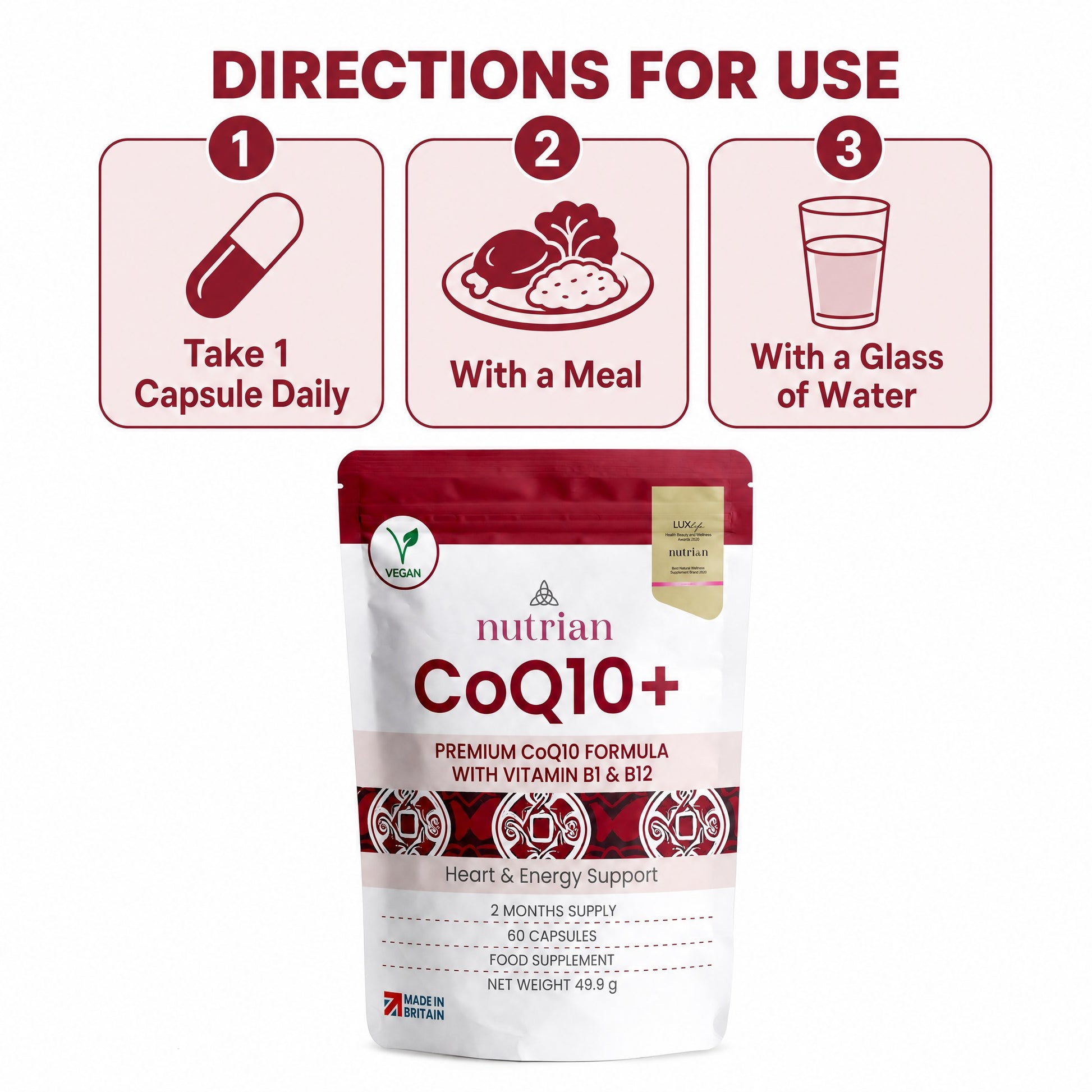 How to take Nutrian CoQ10+: one capsule daily with a meal and a glass of water