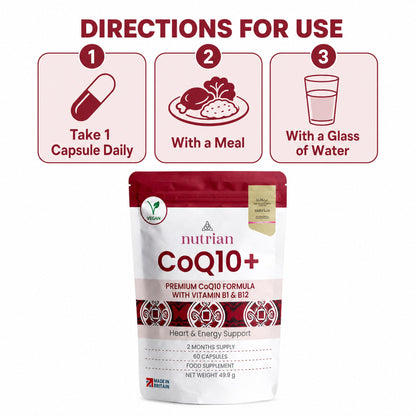 How to take Nutrian CoQ10+: one capsule daily with a meal and a glass of water