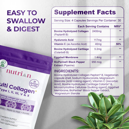 Nutrian MultiCollagen+ 2400mg | 120 Capsules Type I,II,III,V, X & Hyaluronic Acid and Vitamin C Nutrian