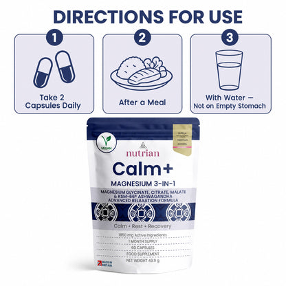 How to take Nutrian Calm+: 2 capsules daily after a meal with water, not on an empty stomach