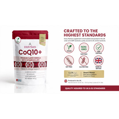 Nutrian CoQ10+ premium CoQ10 formula enriched with Vitamin B1 and B12, crafted in Britain