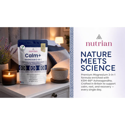 Nutrian Calm+ premium magnesium 3-in-1 formula enriched with KSM-66 ashwagandha, crafted in Britain