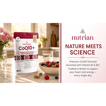 Nutrian CoQ10+ supplement pouch in a bright kitchen with fresh fruit and water
