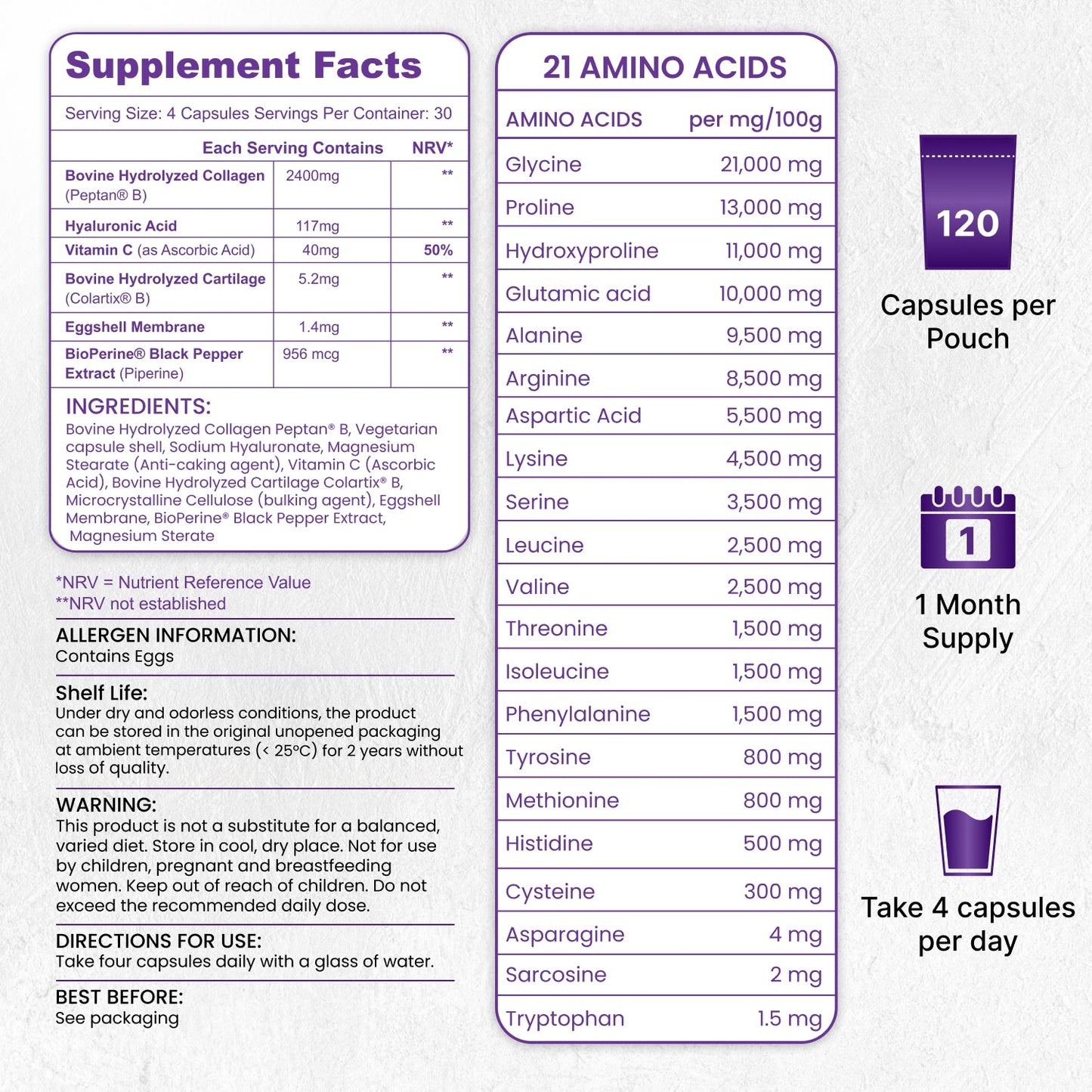 Nutrian MultiCollagen+ 2400mg | 120 Capsules Type I,II,III,V, X & Hyaluronic Acid and Vitamin C Nutrian