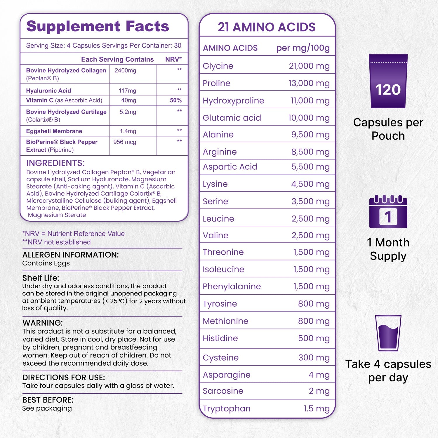 Nutrian MultiCollagen+ 2400mg | 120 Capsules Type I,II,III,V, X & Hyaluronic Acid and Vitamin C Nutrian