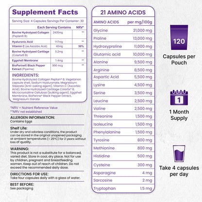 Nutrian MultiCollagen+ 2400mg | 120 Capsules Type I,II,III,V, X & Hyaluronic Acid and Vitamin C Nutrian