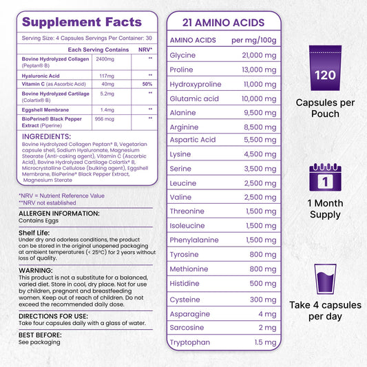 Nutrian MultiCollagen+ 2400mg | 120 Capsules Type I,II,III,V, X & Hyaluronic Acid and Vitamin C Nutrian