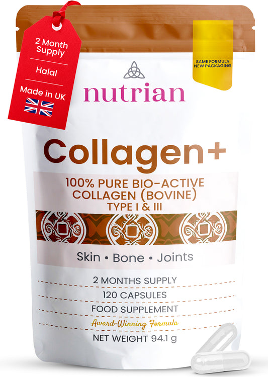 Nutrian Collagen+ – 100% Pure Bio-Active Bovine Collagen 120 Capsules