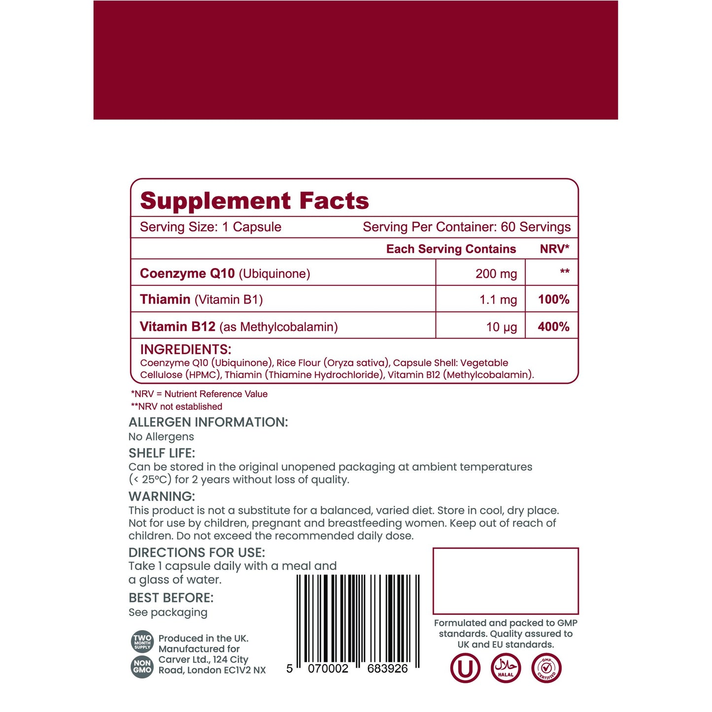 Nutrian CoQ10+ supplement facts label with ingredients, allergen info and directions for use
