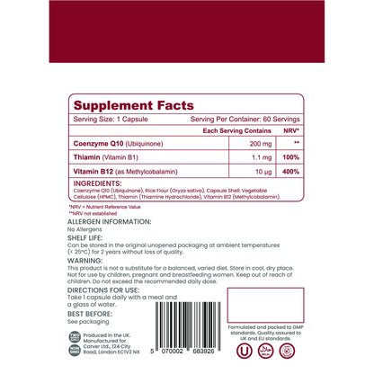 Nutrian CoQ10+ supplement facts label with ingredients, allergen info and directions for use