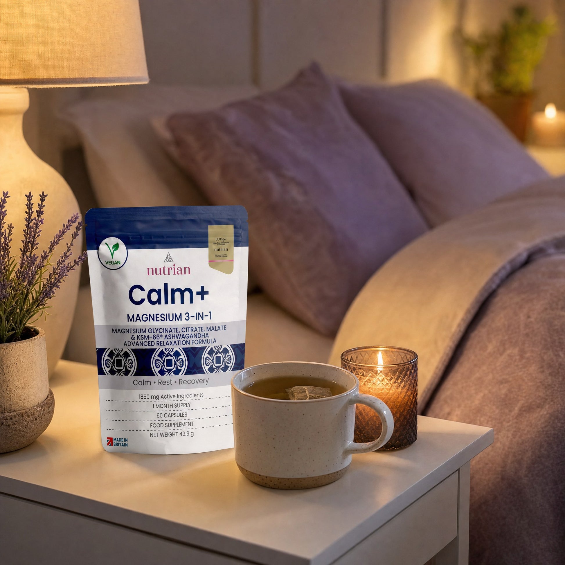 Nutrian Calm+ magnesium supplement pouch on a bedside table with a warm drink