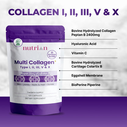 Nutrian MultiCollagen+ 2400mg | 120 Capsules Type I,II,III,V, X & Hyaluronic Acid and Vitamin C Nutrian