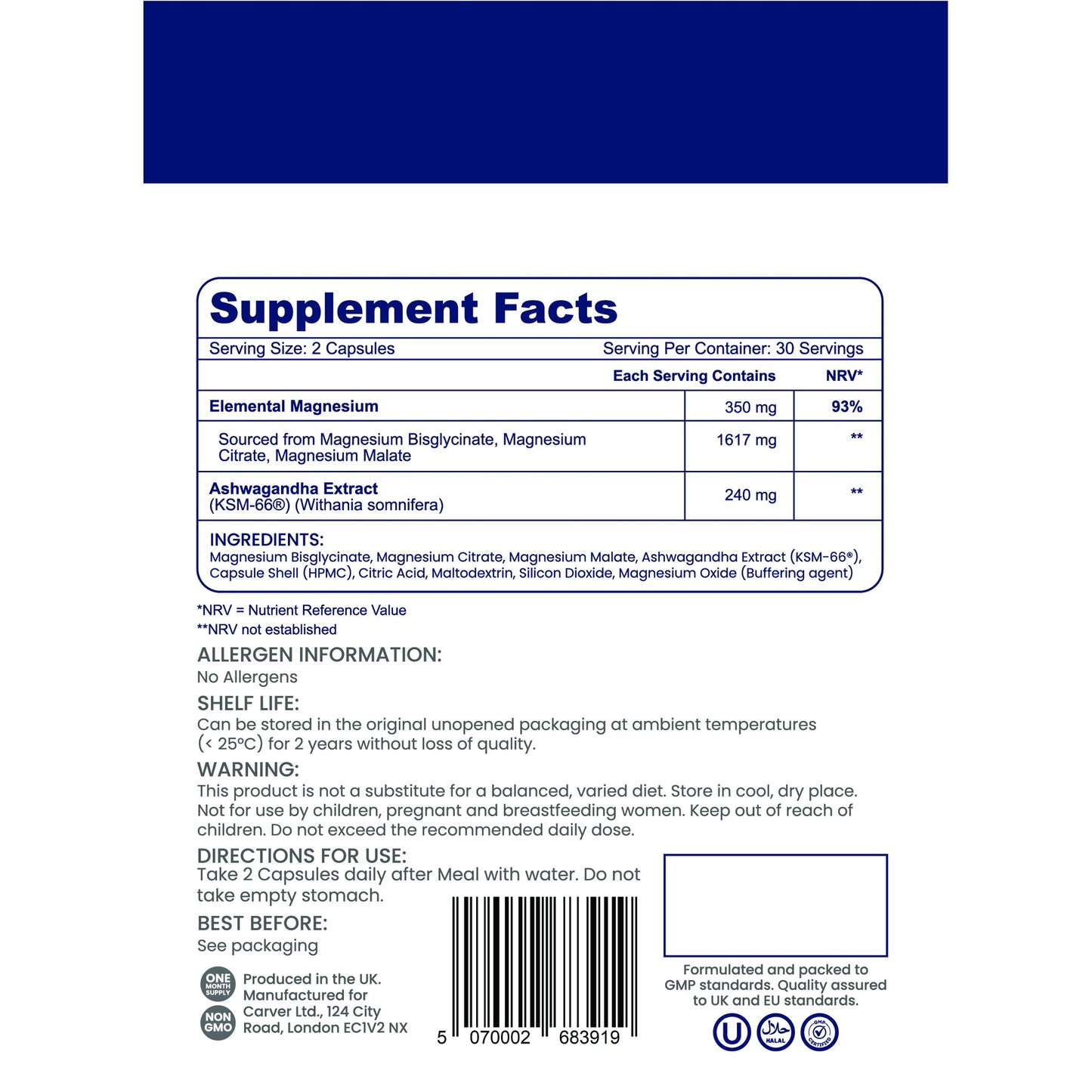 Nutrian Calm+ supplement facts label: elemental magnesium 350mg, ashwagandha KSM-66 240mg, ingredients and directions