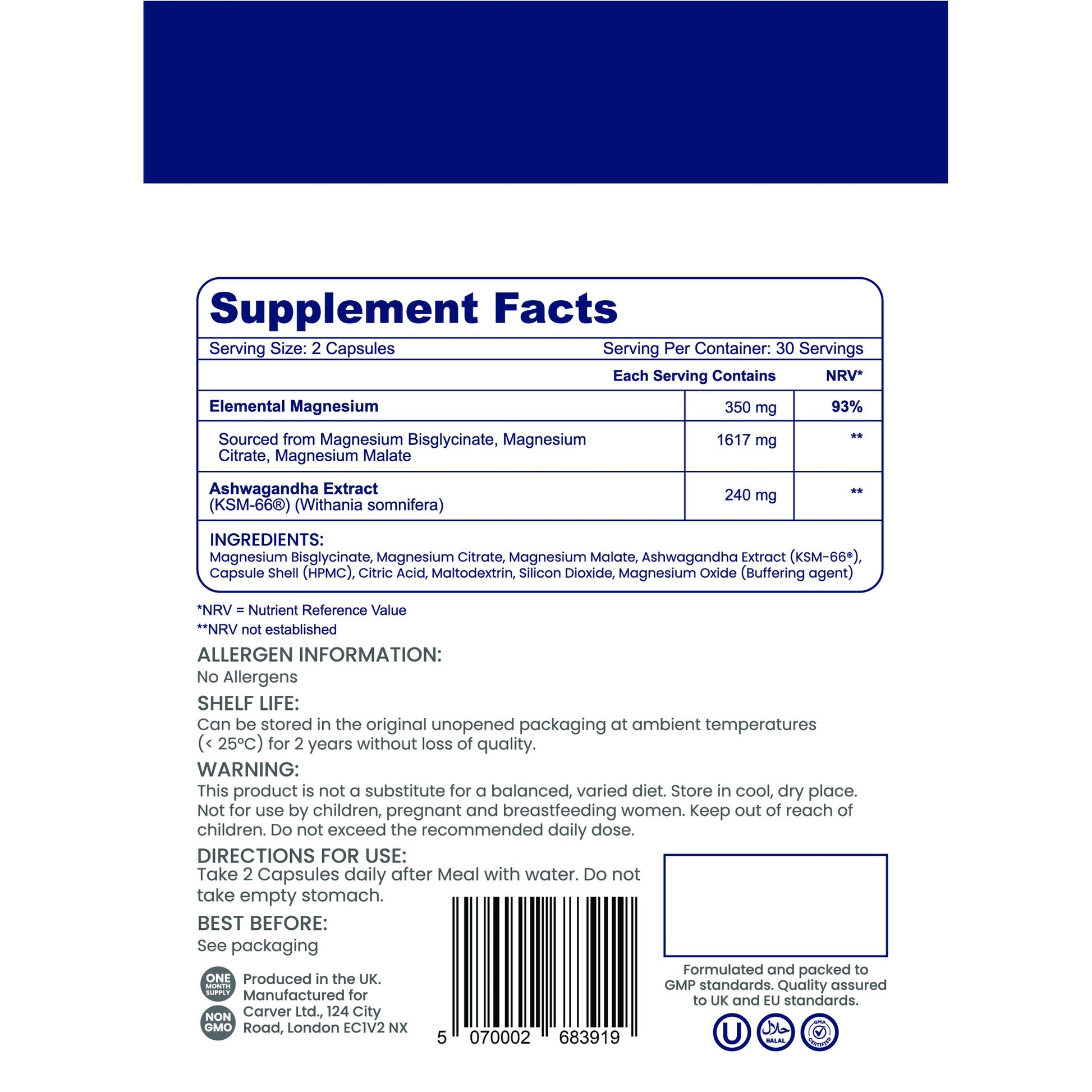 Nutrian Calm+ supplement facts label: elemental magnesium 350mg, ashwagandha KSM-66 240mg, ingredients and directions