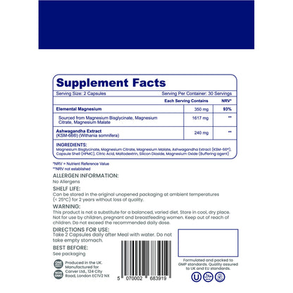Nutrian Calm+ supplement facts label: elemental magnesium 350mg, ashwagandha KSM-66 240mg, ingredients and directions